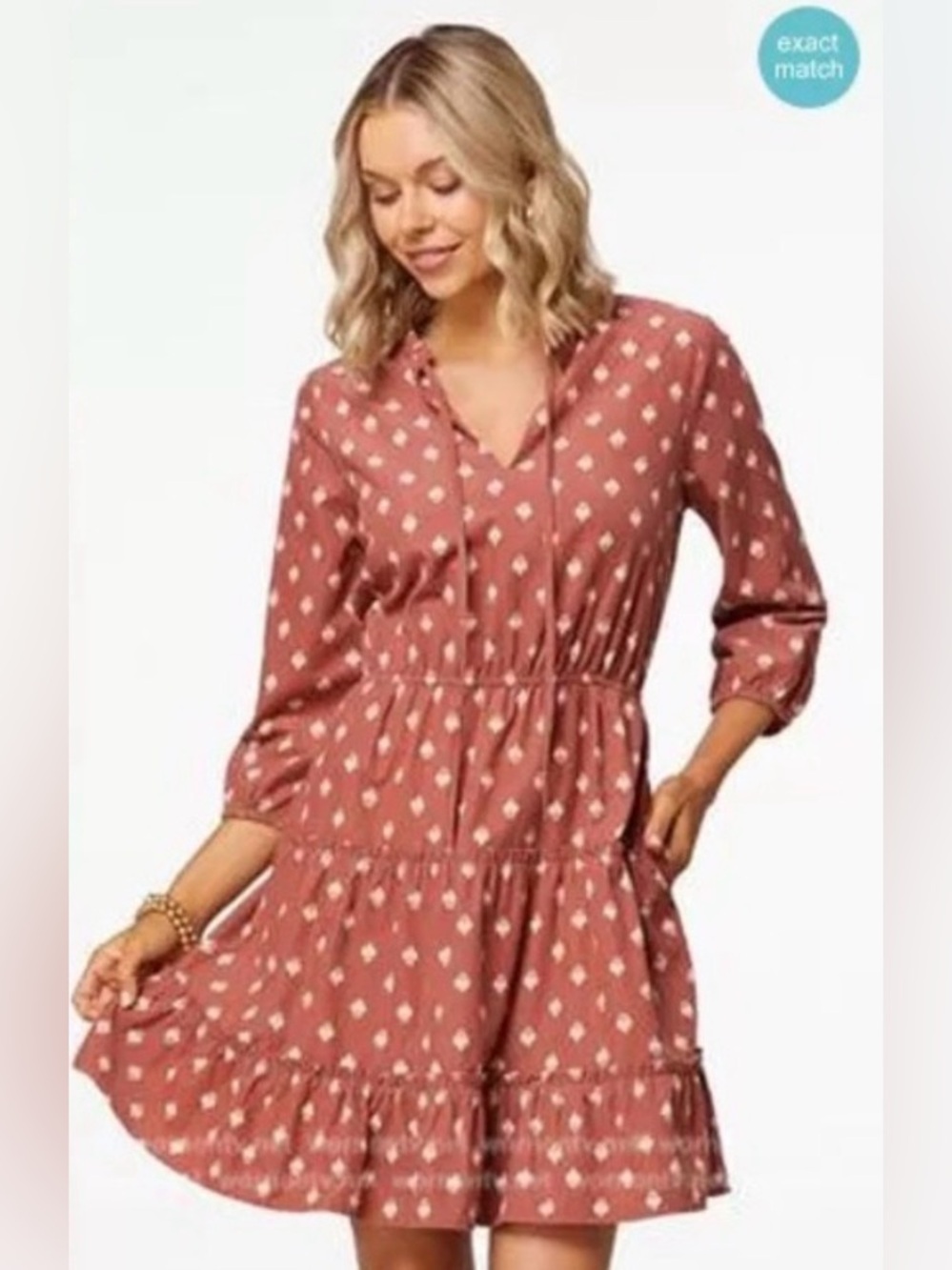 CATO Corduroy Printed Tie Neck Dress